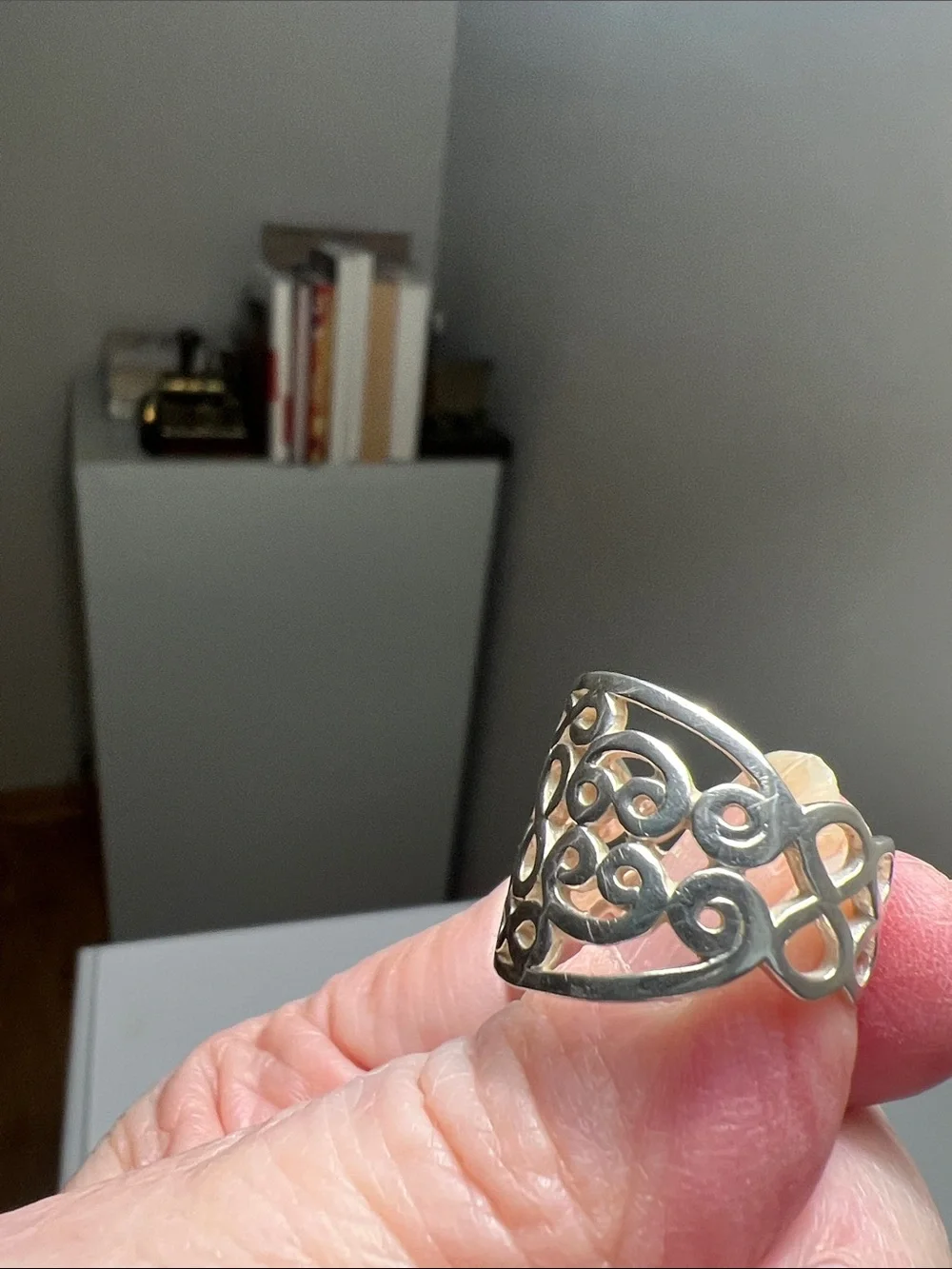 Sparkly Silver Tone Openwork Scroll Wide Band Ring - Vintage